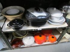 2 shelves of pots, pan,