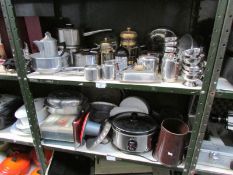 2 shelves of kitchen ware including stainless steel