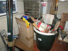 2 sets of tool drawers together with a box and a bucket of tools