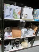 3 shelves of kitchen ware including slow cooker,