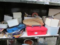 A shelf of assorted needlework items etc