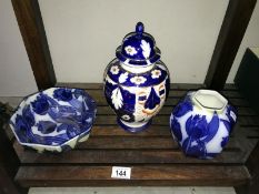 A Woods & Son imari lidded vase & a Woods Bursleyware tulip blue & white vase & bowl