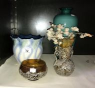 2 glass items with metal filigree detail and two other vases