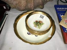 A Bohemia czechoslovakia bone china fruit bowl set with gilded rim & fruit decoration