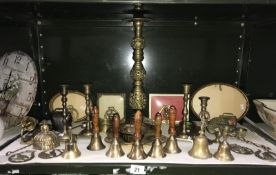 A collection of brass and metalware including bells,
