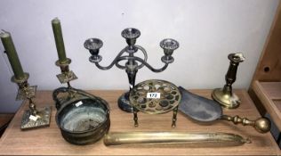 A pair of Edwardian brass candlesticks & other brassware