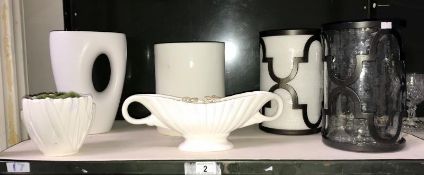 A shelf odd modern vases etc