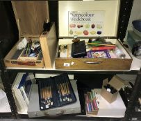 3 art boxes and contents and a shelf of brushes & canvases etc