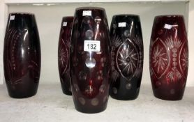 5 Bohemian ruby glass vases