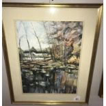 A watercolour of a wooded pond