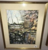 A watercolour of a wooded pond