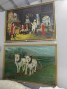 A large framed and glazed print of work horses and another being a bar scene