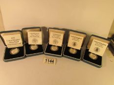 5 mint silver proof £1 coins all with cases and certificates