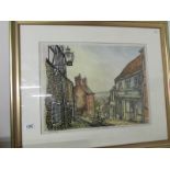 A watercolour and ink painting of Steep Hill, Lincoln by Lincoln artist Gordon Cumming,