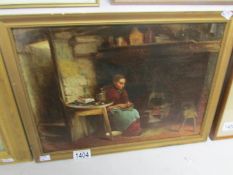 A framed late 19th century British school oil on board painting of a cottage interior with mother