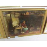 A framed late 19th century British school oil on board painting of a cottage interior with mother