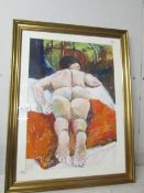 A framed and glazed painting in watercolour and gouache of a reclining nude,