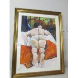 A framed and glazed painting in watercolour and gouache of a reclining nude,
