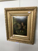 An early 19th century oil on panel painting with children & rocking hors unsigned