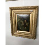 An early 19th century oil on panel painting with children & rocking hors unsigned