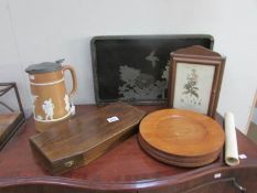 A lidded stoneware jug A/F, a lacquered tray, a key cabinet,