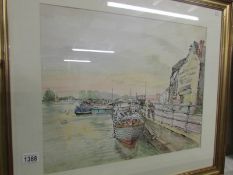 A framed and glazed watercolour of a boating scene at Brayford Wharf,