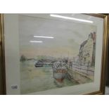A framed and glazed watercolour of a boating scene at Brayford Wharf,
