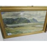 A framed and glazed watercolour of coastal scene with figures sy J.W.Fletcher, signed.