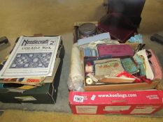 A box of haberdashery and a box of needlecraft books