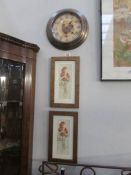 A kitchen clock and 2 framed prints