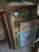 3 framed and glazed embroidered pictures and 1 unframed