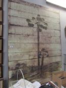 A large painting of a palm tree on board