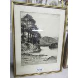 A framed and glazed drypoint etching 'Friar's Crag, Derwentwater' by John Fullwood F.W.A., R.B.A.