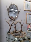 An antler style framed mirror and 4 other antler style items