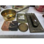 A brass saucepan, jubilee tray, brass framed mirror, brush set and clippers.