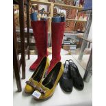 A pair of lemon yellow patent leather and suede Kurt Geiger shoes,