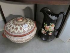 A large ceramic lidded pot a/f and a large jug