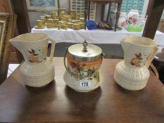 A Staffordshire biscuit barrel and 2 jugs