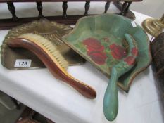 A Victorian hand painted metal crumb tray with brush and one other