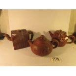 3 Yixing earthenware teapots all with seals to base.