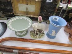 A Staffordshire sheep and 2 pieces of Wedgwood Jasper ware