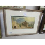 A framed and glazed watercolour depicting monks.