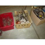 3 boxes of oil lamp parts including fonts, burners, bases etc.