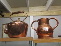 A copper kettle and a 2 handled copper pot