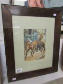 A framed and glazed watercolour of a boy on horse being attacked by a moose.