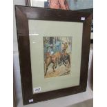 A framed and glazed watercolour of a boy on horse being attacked by a moose.