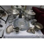 A mixed lot of metal ware including lidded tureens etc