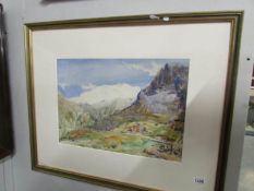 A large signed watercolour mountain scene, no glass.