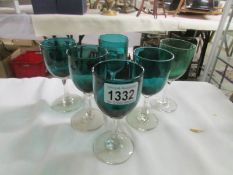 6 green glass wine goblets