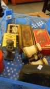 An old Lincoln Imp, old weight, coins, dominoes etc.